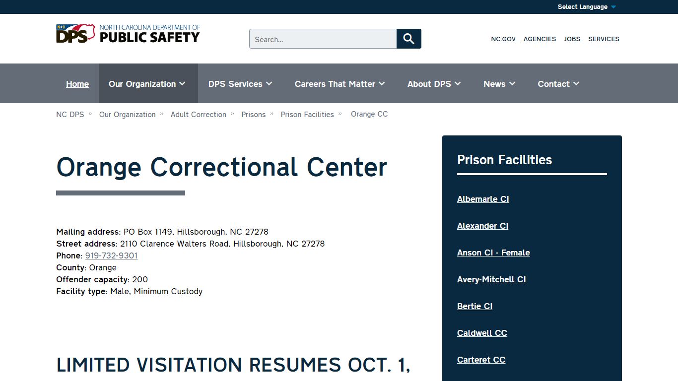 Orange Correctional Center | NC DPS